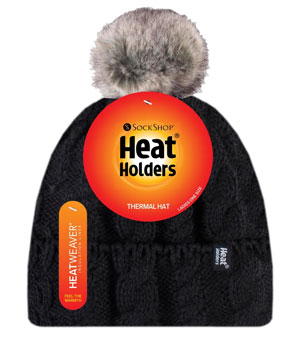Heat Holders Cable Knit Pom Pom Hat - Black