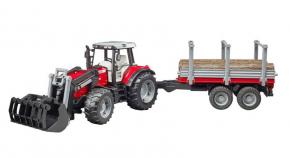 Bruder Massey Ferguson 7480 with frontloader and timber trailer toy.