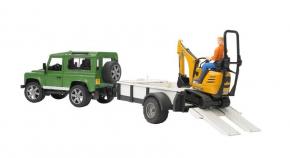 Bruder Land Rover Defender with trailer, JCB micro excavator and construction worker toy from Bruder